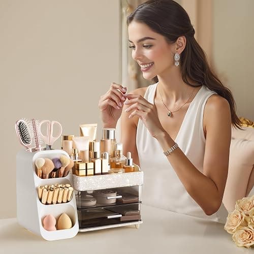 HBlife Makeup Organizer with Brush Holder for Vanity, Large Plastic Bathroom Countertop Organizer Skin Care Storage, Easy to Store Lipsticks, Nail Polishes, Perfumes, Eyeshadow Palettes, Pearl White thumbnail 6