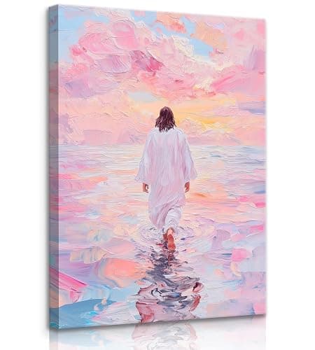 Jesus Canvas Wall Art Pink Jesus Walks on Water Canvas Paintings Prints Religious Savior Wall Decor Christian Bible Stories Poster printing Artwork for Living Room Bedroom Church Decoration 12x16in - Image 1