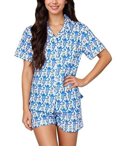 Zuafy Women's Pajamas Set Button Down Ladies Summer Pajamas Monkey Printed Sleepwear Short Sleeve 2 Pc Pjs for Birthday Gift - Image 1