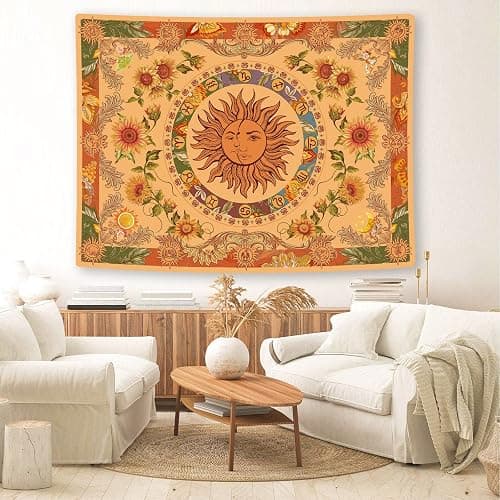 Accnicc Yellow Sun and Moon Tapestry Vintage Indie Boho Tapestry Wall Hanging with Sunflowers Butterfly Moth Constellation Aesthetic Wall Tapestries for Bedroom Dorm Living Room (Orange, 48'' × 36'') thumbnail 5
