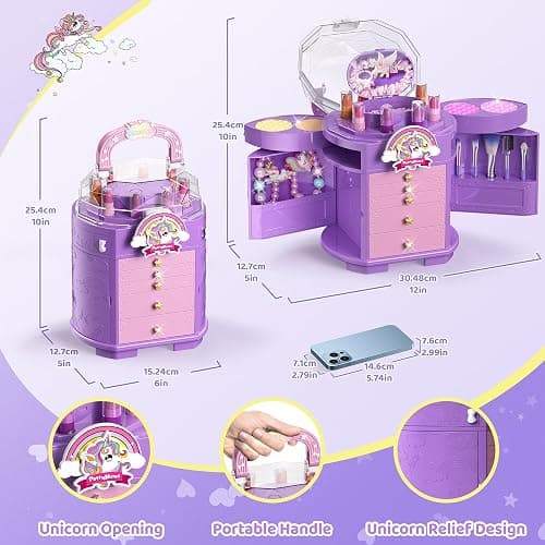 PERRYHOME Kids Makeup Set for Girls, 63 Pcs Washable Non-Toxic Real Cosmetic Toddler Makeup Kit, Unicorn Princess Play Makeup Toys Birthday Gifts, Dress up Time Girl Toys for 3 4 5 6 7 8 9 10 11 12 thumbnail 2