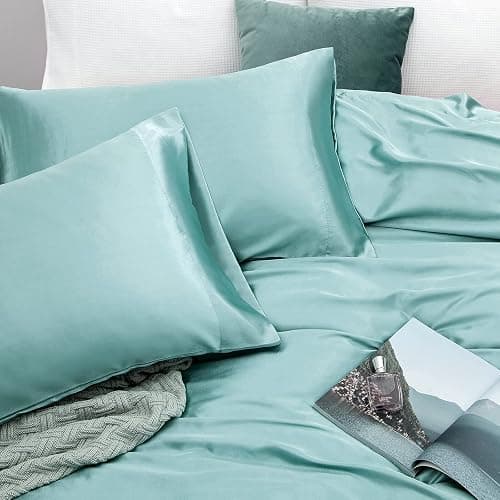 Vonty Satin Full Aqua Sheets, Fitted + Flat + 2 Pillowcases | Silky Satin Protects Hair, Reduces Facial Wrinkles, Deep Pocket Up To 15 Inch, Machine Washable, Year-Round Comfort thumbnail 5