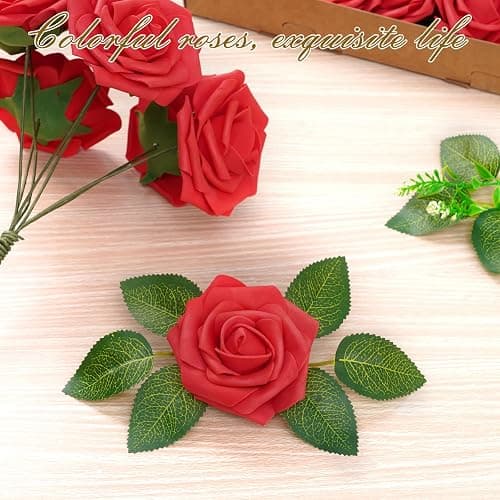 BLEUM CADE 16Pcs Artificial Flowers Fake Foam Roses with Stems for Wedding | Real Touch Red Boxed Foam Roses for DIY Bouquets Centerpieces Wedding Party Arrangement Bridal Shower Tables Decor thumbnail 2
