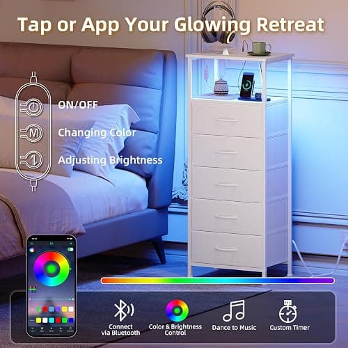 Somdot White Nightstand with Charging Station and LED Light for Bedroom, Tall 5 Drawers Dresser with Fabric Bins for Bedside Kids Dorm Room Closet Laundry Entryway, White Leather thumbnail 4