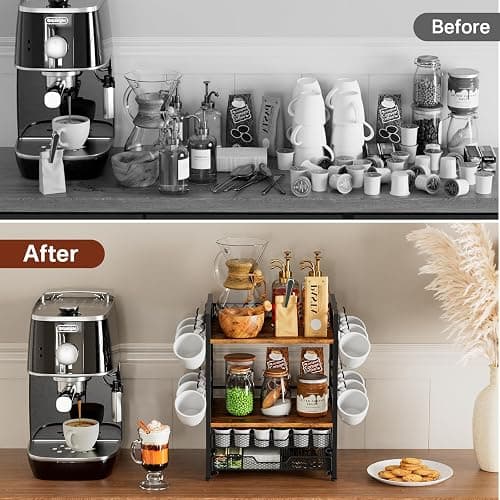 Plaviya Coffee Bar Organizer Coffee Station K Cup Holder for Countertop | 30 Coffee Pods Organizer, Mug Holder with 12 Hooks, 2 Drawers, Multifunctional, Kitchen, Dining Room, Office, Rustic Brown thumbnail 8