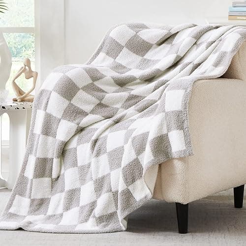WRENSONGE Soft Checkered Throw Blanket for Couch-Cozy Warm Knitted Blankets | Lightweight Warm Fluffy Decor for Women, Mom, Her & Girls, Sofa, Chair, Bed, 50x70in,Light Grey thumbnail 6