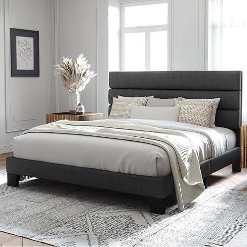 Allewie King Size Platform Bed Frame with Fabric Upholstered Headboard Gray | Wooden Slats Support, Fully Upholstered Mattress Foundation, No Box Spring Needed, Easy Assembly, Noise-Free, Dark Grey thumbnail 3
