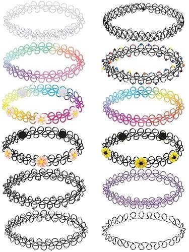 BodyJ4You 12PC Tattoo Choker Necklace for Women - 90s Choker Necklaces Y2K Fashion Trendy Vintage - Emo Black Choker Rainbow Pink White Purple Neon Green Blue Daisy Flower - Image 1