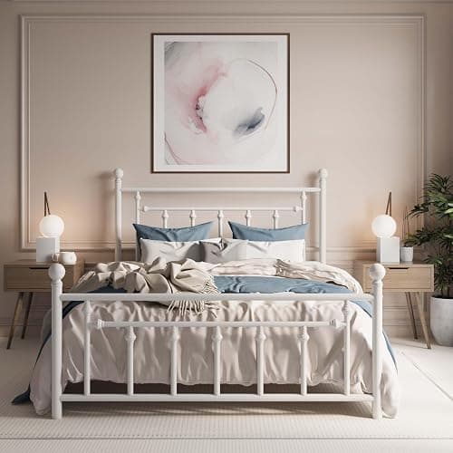 SHA CERLIN 14'' Full Size Metal Platform Bed Frame/Victorian Headboard and Footboard/Steel Slats Mattress Foundation for Storage/No Box Spring Needed/Noise Free/White - White - Full - Image 1