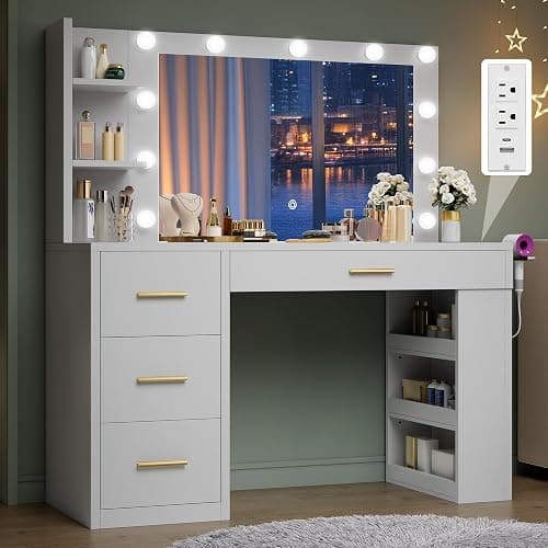 DWVO Makeup Vanity Desk with Mirror & Lights, 40inch Vanity Table with Power Outlets, 4 Drawers & 6 Open Storage Shelves, 3 Color Modes & Adjustable Brightness Dressing Table for Bedroom, White thumbnail 3