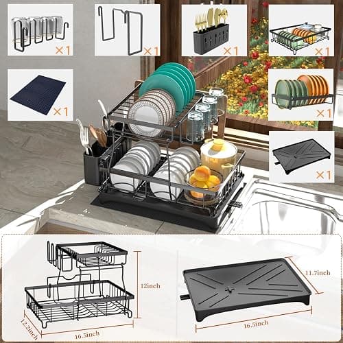 Godboat Dish Drying Rack, 2-Tier Dish Rack with Auto-Drain & Mat, Dish Racks for Kitchen Counter, Dish Drainer with Knife, Fork & Cup Rack, Gifts for Women, Mothers Day, Cool Stuff & Kitchen Gadgets thumbnail 2