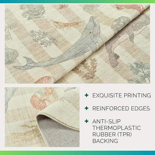 Weaverlane Whales Coastal Washable Nursery Rug Beige (Taupe, 5' x 7') | Soft Faux Wool Stain Resistant Rug Non-Slip Backing for Playroom Bathroom Living Room Bedside Beachy Cute Nautical Neutral thumbnail 6