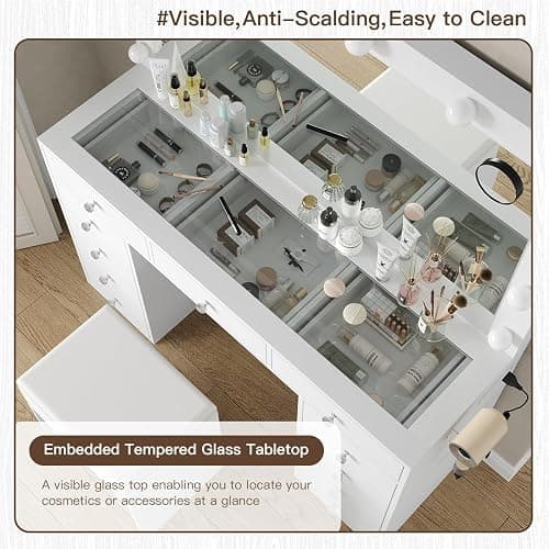 FUSOU Vanity Desk with Power Outlet, Makeup Vanity with Mirror and 12 LED Lights, 3 Lighting Modes,11 Drawers Vanity Table with Chair, Glass Top, Dressing Table for Bedroom,Dressing Room, White thumbnail 3