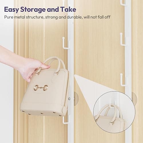 SWTYMIKI Over the Door Purse Organizer - 2 Packs Wall Mounted Purse Rack with 5 Hooks Design, Hanging Handbag Organizer Storage Holds up to 10 Bags, Bag Rack for Closet, Door (White) thumbnail 8