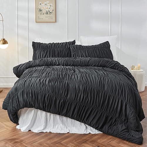 Bonlino Queen Comforter Set - Black Boho Shabby Chic Bedding for Bedroom - Fluffy 3 Piece Ruffle Comforter Set with Pillow - Image 1