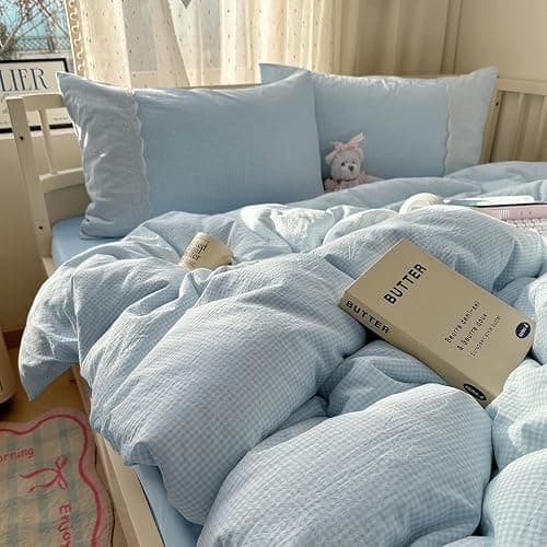 mixinni Blue Gingham Duvet Cover Full Size - 3 Piece Cottagecore Plaid Bedding Set with Lace Trim, Soft Washed Microfiber Vintage Aesthetic Grid Comforter Cover & Pillow Shams, (Blue White Gingham) - Image 1