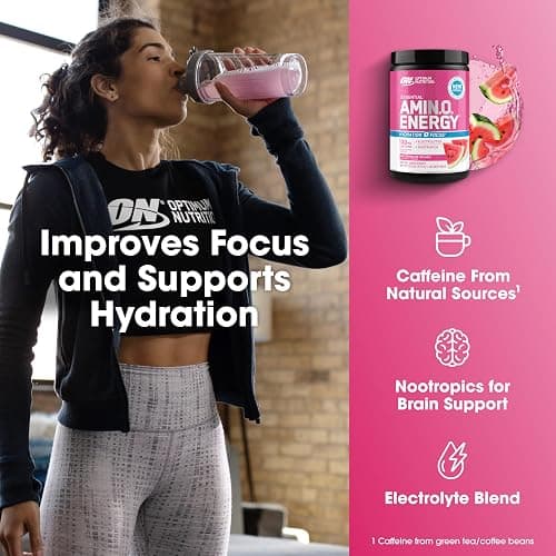 Optimum Nutrition Amino Energy Powder Plus Focus, with BCAA, Electrolytes, and Caffeine, Watermelon, 30 Servings (Packaging May Vary) thumbnail 5