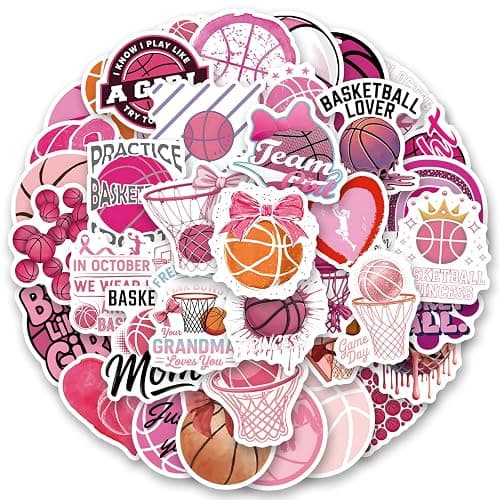 60Pcs Pink Basketball Stickers for Women - Vinyl Waterproof Decals for Water Bottles & Laptops | Cute Sport Gifts for Female Athletes, Girls, Teens & Basketball Players - Image 1