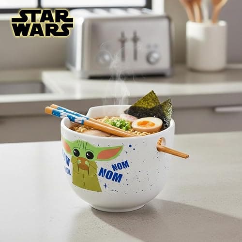Silver Buffalo Star Wars Mandalorian Baby Yoda Grogu Nom Nom Ceramic Ramen Noodle Rice Bowl with Chopsticks, Microwave Safe, 20 Ounces thumbnail 2