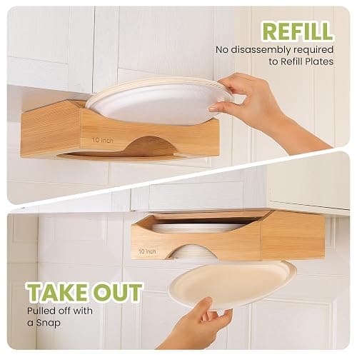 10-inch Paper Plate Dispenser Under Cabinet, Bamboo Paper Plate Holders, Kitchen Counter Vertical Plate Dispensers Holders Countertop Caddy(For 10-inch Plates, Bamboo) thumbnail 7
