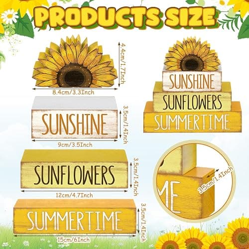 Burbell 4 Pcs Sunflower Table Decorations Wooden Tiered Tray Table Decor | Rustic Wood Blocks for Tiered Tray, Farmhouse Sunflower Decorations for Home Office, Smooth Polished Finish thumbnail 3