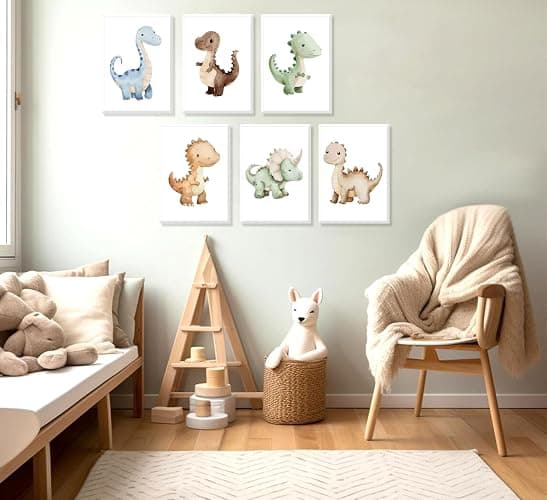 6Pcs Dinosaur Nursery Wall Art Kids Room Canvas Poster Toddler Baby Watercolor Dino Wall Decor Dinosaur Painting Prints Cute Dino Pictures for Nursery Bedroom Boy Playroom Framed thumbnail 7