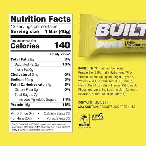 BUILT Bar Puff Protein Bars - Lemon Meringue Pie - 16g Protein Snack Bars with Collagen - Calorie Conscious & Gluten Free - 12 Count thumbnail 2