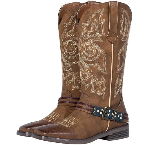 J's.o.l.e Women's Fashion Wide Square Toe Western Cowgirl Cowboy Boots Mid Calf Brown - Image 1