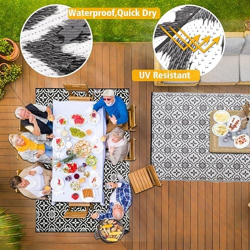 4x6 Outdoor Rug Waterproof Porch Rug,Outdoor Mat 4x6 Small Balcony Mat,Reversible Plastic Straw Rug, Outdoor Rug for Camping Black and White Outdoor Rugs for Patio, Deck, RV, Camping, Beach, Backyard thumbnail 2