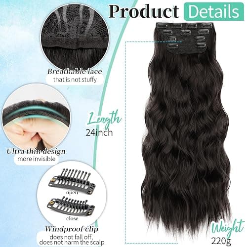 KooKaStyle Clip in Synthetic Hair Extensions Long Wavy 4PCS Thick Hairpieces Dark Brown 6# Fiber Double Weft Natural Hair Extensions 24 Inch for Women thumbnail 2