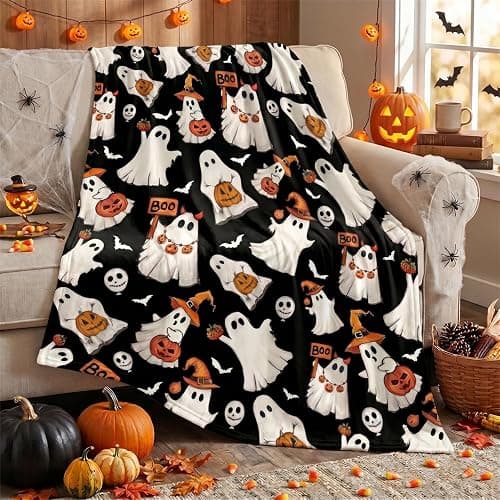Horaldaily Halloween Black Ghost Pumpkin Skulls Flannel Throw Blanket 50x60 | All Season Using Ultra Soft Fuzzy Plush Cozy Non-shedding Blanket for Couch Sofa Bed Camping, Ideal Gift for Kids Adults thumbnail 2