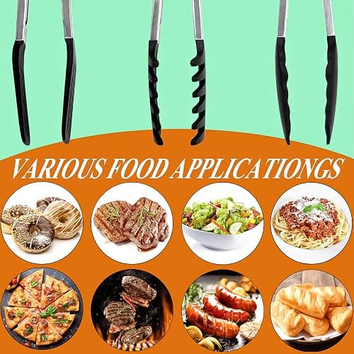HST Tongs for Cooking with Silicone Tips(3 Pack), Non Stick Kitchen Tongs with Silicone Tip for Cooking BBQ Baking (9", Black) thumbnail 4