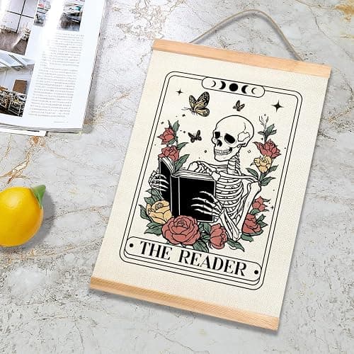 HEYJEEPER The Reader Tarot Card Wall Art, 14x18inch Gothic Skeleton Reading Books, Canvas Wall Hanging Poster,Library, Reading Corner Decor,Vintage Witchy Room Decor (Reader) thumbnail 4