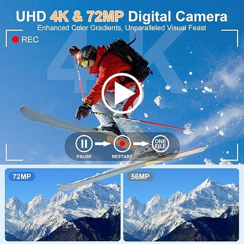 4K Digital Camera for Photography, 12X Optical Zoom 72MP Autofocus Vlogging Camera for YouTube, Photography Camera with 270°Flip Screen, Wi-Fi & App-Controlled Cameras, 2 Batteries, 32GB Card, Black thumbnail 3