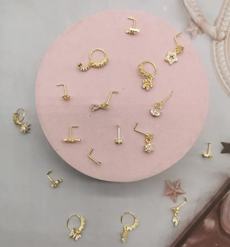 SAMOCO 20Pcs 20G Dangle Nose Ring L Shaped Dangling Nose Stud for Women Stainless Steel Nose Ring Studs CZ Flower Dangle Nose Rings Hoops Nose Piercing thumbnail 7
