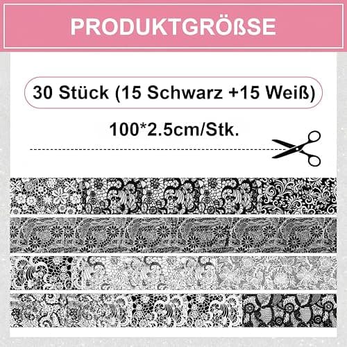 DASHUI 30 Rollen Schwarz-Weiße Spitze Transferfolie Nagelaufkleber Set – Lace Blumen Nail Art Folie für Nägel, Wraps Kit mit 15 schwarzen & 15 weißen Rollen thumbnail 2