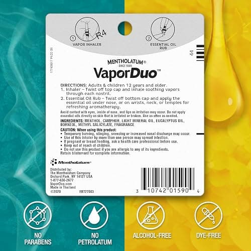 Mentholatum Vapor Duo 2-in-1 Nasal Inhaler Stick, Essential Oil Blend, Portable Pocket Size thumbnail 6