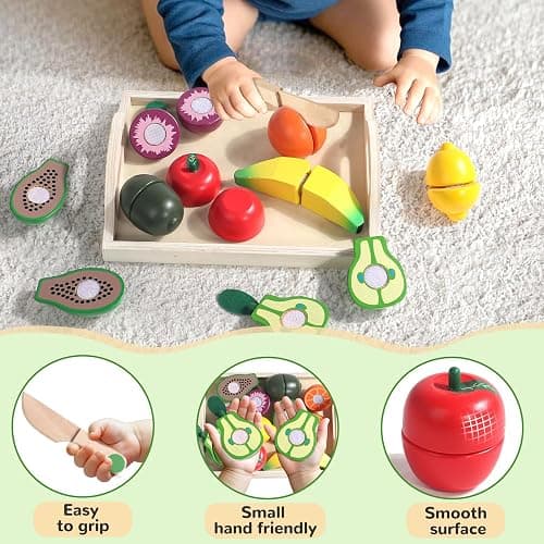 Fajiabao Wooden Play Food for Kids Kitchen Montessori Toys for 2 Year Old Girls & Boys Wood Cutting Fruit Set with Tray Fine Motor Skills Educational Toddler Gifts 2 3 4 5 6 thumbnail 7