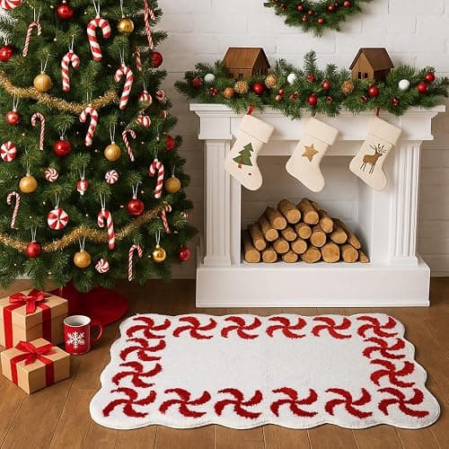 WILLBOND Christmas Candy Bathroom Rug Non Slip Bath Mat 32x20 Inch | Red and White, Peppermint Swirl Scalloped Edge, Soft Absorbent Flocking, Xmas Bathroom Kitchen Bedroom Front Door thumbnail 5