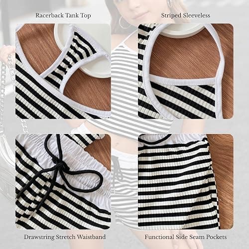 Klyatpxoen Size 7-14Y Girls Clothes 2 Piece Outfits Striped Tank Top Drawstring Shorts Teen Girls Summer Clothing Sets thumbnail 6