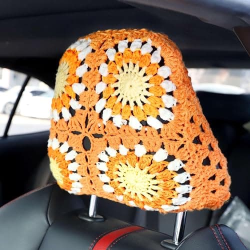 CSWCS 2PCS Crochet Seat Headrest Cover,Car Head Rest Protector,Cute Sunflower Car Accessories for Women, Universal Seat Cover Boho Car Decor Fit Sedans,SUVs,Trucks (62Orange-Sunflower) thumbnail 5