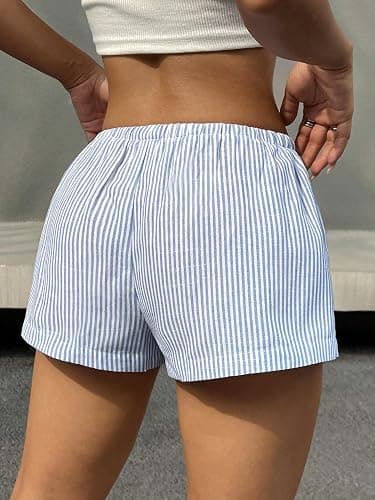 SHENHE Women's Striped Low Rise Shorts Drawstring Tie Button Front Summer Casual Mini Shorts thumbnail 2