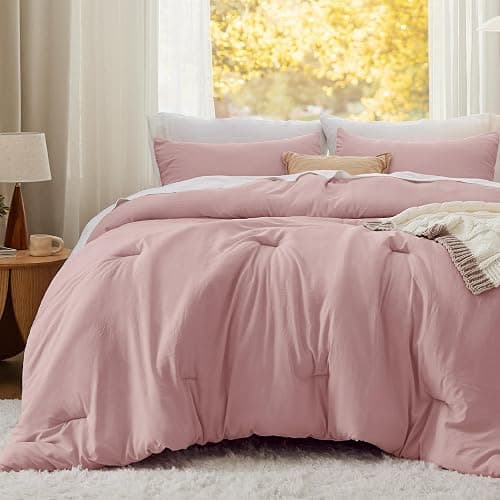 Bedsure Queen Size Comforter Set, Pink Soft Prewashed Bedding for All Seasons, 3 Pieces GentleSoft™ Warm Down Alternative Bed Set, 1 Lightweight Comforter (90"x90") and 2 Pillowcases (20"x26") thumbnail 2
