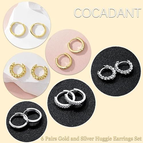 Cocadant 6 Pairs 925 Sterling Silver Small Hoop Earrings for Women,14k Real Gold Hypoallergenic Tiny Cubic Zirconia Cartilage Huggie Earring Sets for Multiple Piercing Trendy Jewelry 8/10/12mm thumbnail 4