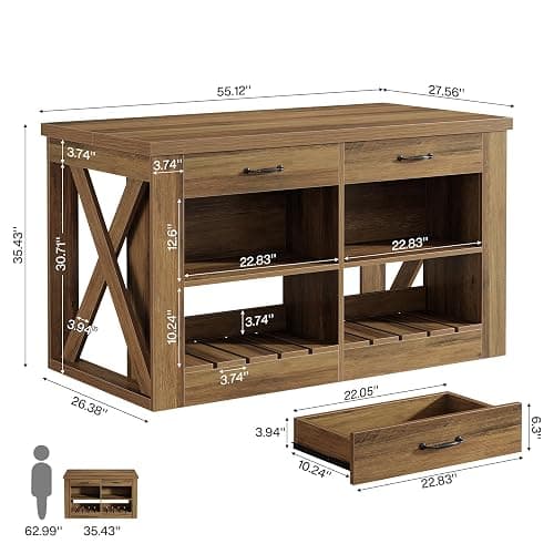 Tribesigns Kitchen Island with Storage and Seating, 55" Farmhouse Stationary Island Table, Wooden Kitchen Bar Table with 2 Drawers and Open Shelf, Brown thumbnail 2