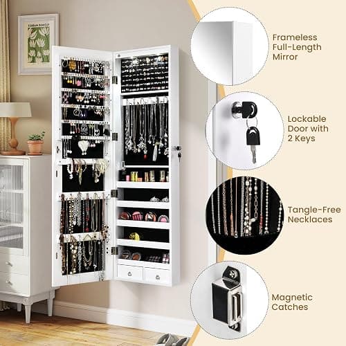 Giantex Wall Door Mounted Jewelry Armoire Cabinet with 47.5" Full Length Mirror, 2 LEDs Lockable Jewelry Organizers and Storage with 2 Drawers, Over the Door Jewelry Organizer Cabinet (White) thumbnail 7