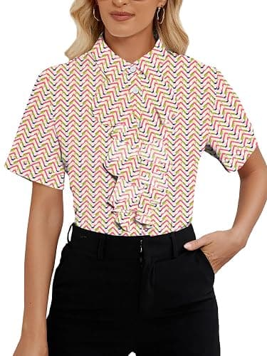 Vrtige Women's Ruffle Front Collar Neck Button Down Short Sleeve Blouse Shirt Top - Image 1