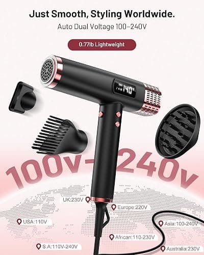 MESCOMB Dual Voltage Ionic Hair Dryer with Diffuser - 1875W High-Speed Blow Dryer for Women, Fast Drying, No Heat Damage, Low Noise, Lightweight, European Travel 110V-120V/220V-240V, Gifts for Women thumbnail 2