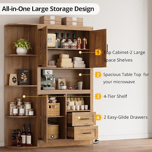 IRONCK 70" Farmhouse Kitchen Pantry, Storage Cabinet with Power Outlets, 4 Side Shelves, Buffet Sideboard with Microwave Stand, Coffee Bar with 2 Drawers, Cupboard for Dining Room (Dark Walnut) thumbnail 5