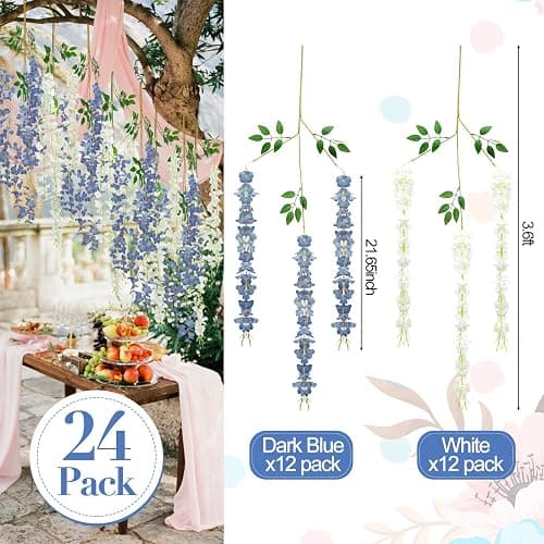 Giegxin 24 Pcs Artificial Wisteria Hanging Flowers 3.6 ft Artificial Fake Wisteria Vine Rattan Hanging Garland Silk Flowers String for Wall Home Wedding Party Greenery Decorations (Blue,White) thumbnail 4